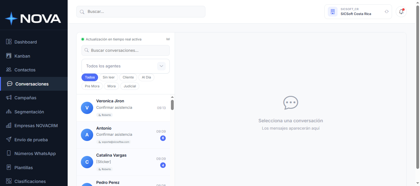 Bandeja de conversaciones de NovaCRM