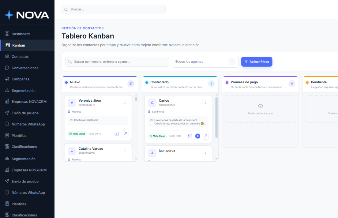 Kanban de contactos en NovaCRM