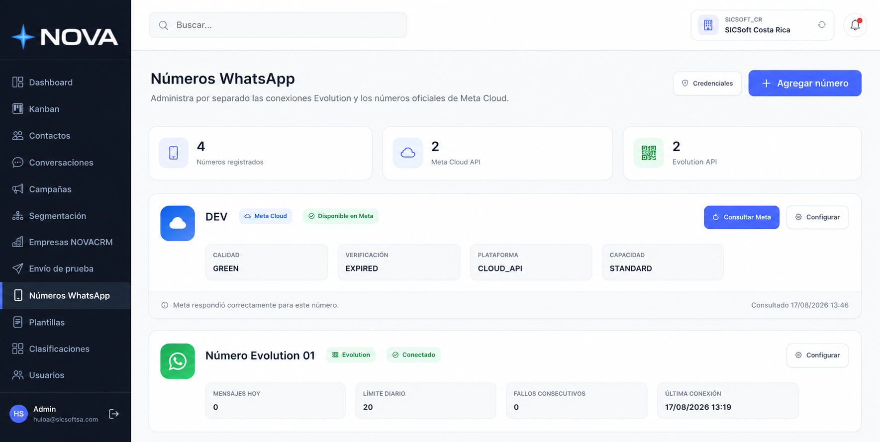 Administración de números WhatsApp en NovaCRM