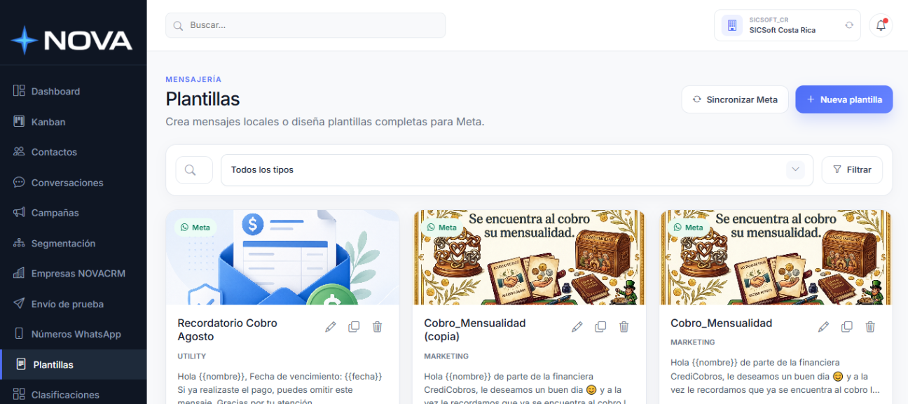 Plantillas de mensajes en NovaCRM